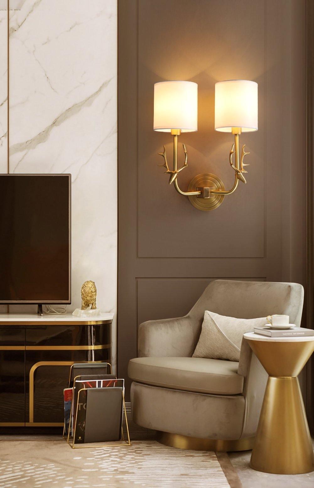 Deer Head Wall Light, Brass or Blackened, White Linen Shades, E14