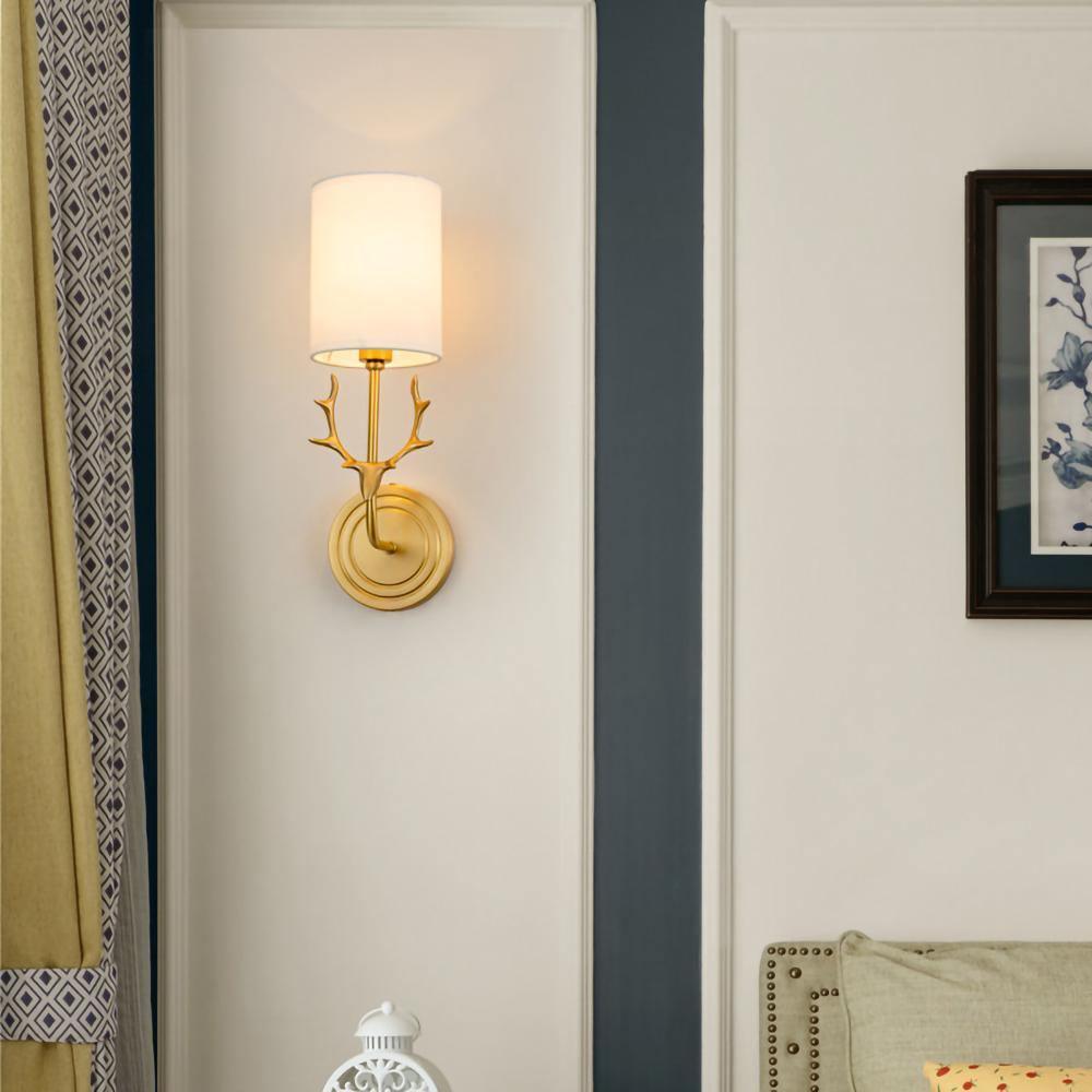 Deer Head Wall Light, Brass or Blackened, White Linen Shades, E14