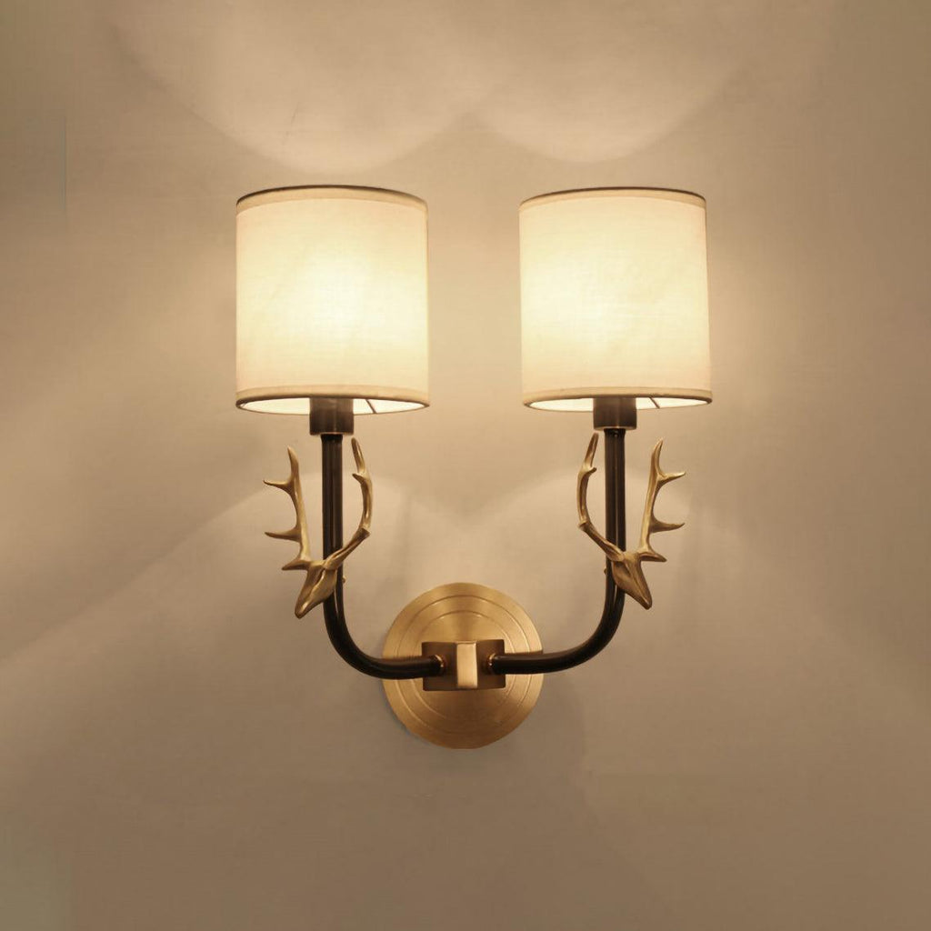 Deer Head Wall Light, Brass or Blackened, White Linen Shades, E14
