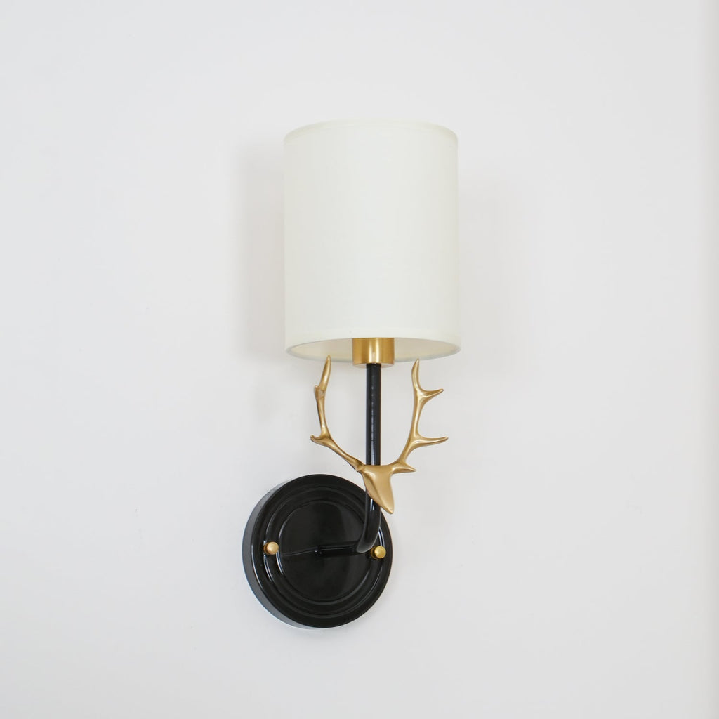 Deer Head Wall Light, Brass or Blackened, White Linen Shades, E14