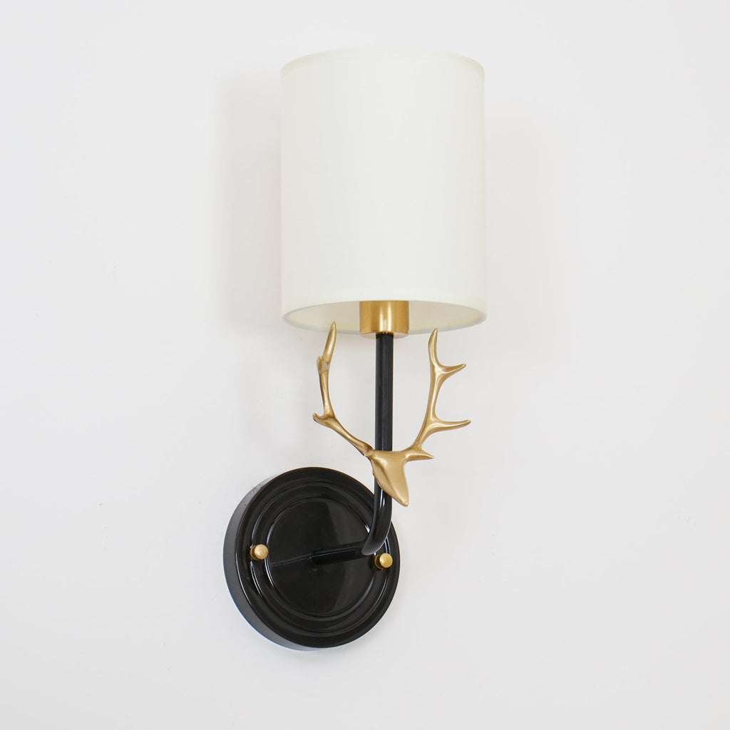 Deer Head Wall Light, Brass or Blackened, White Linen Shades, E14