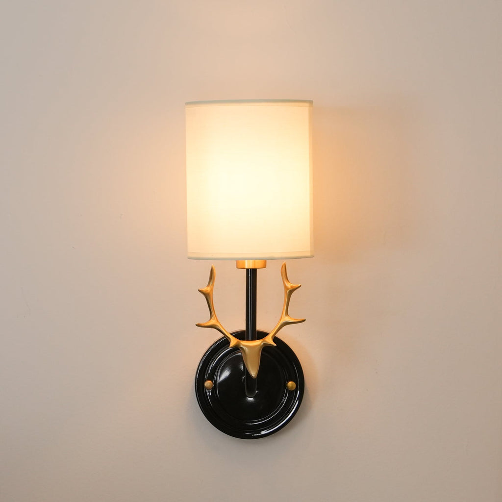 Deer Head Wall Light, Brass or Blackened, White Linen Shades, E14