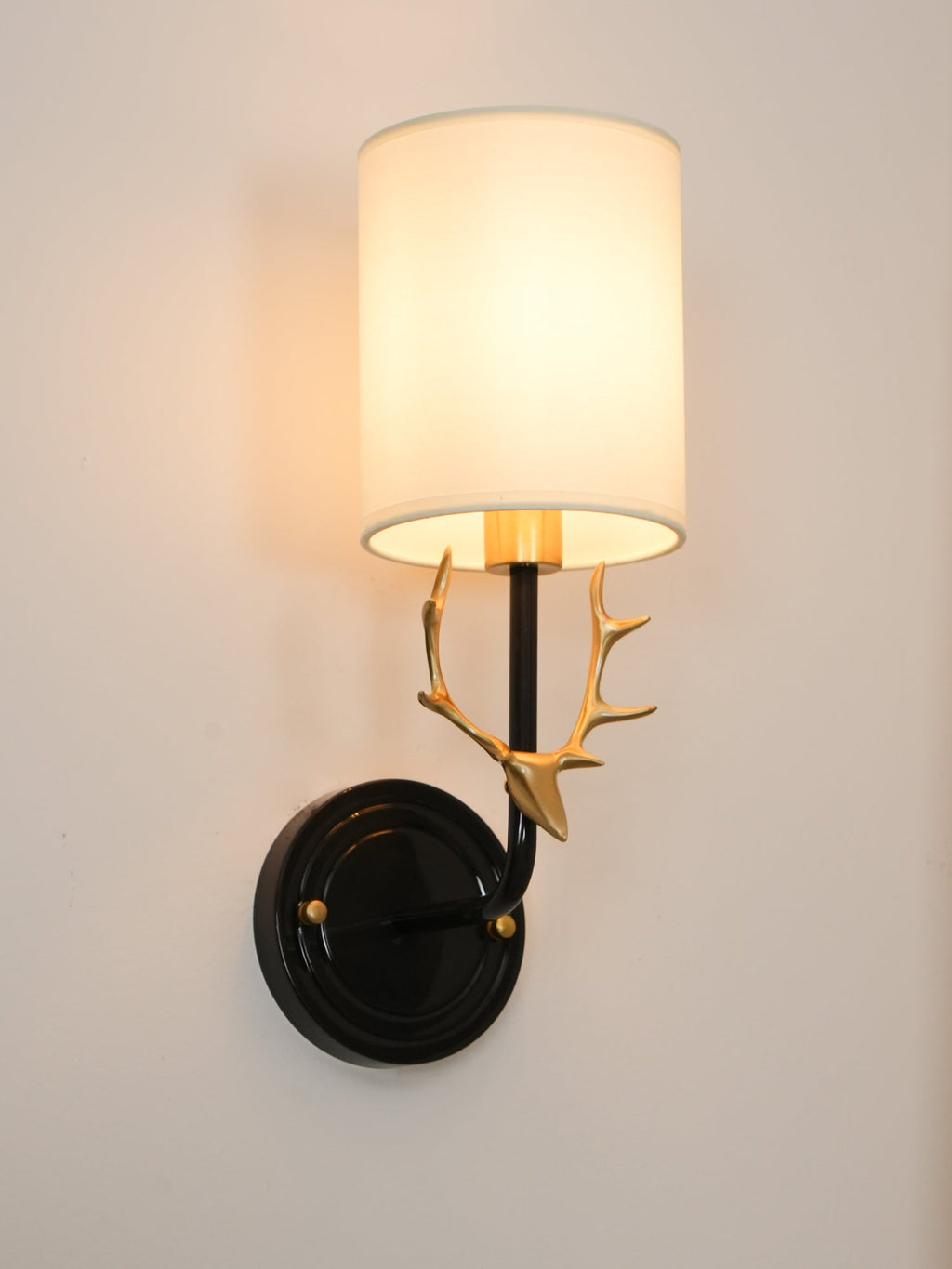 Deer Head Wall Light, Brass or Blackened, White Linen Shades, E14
