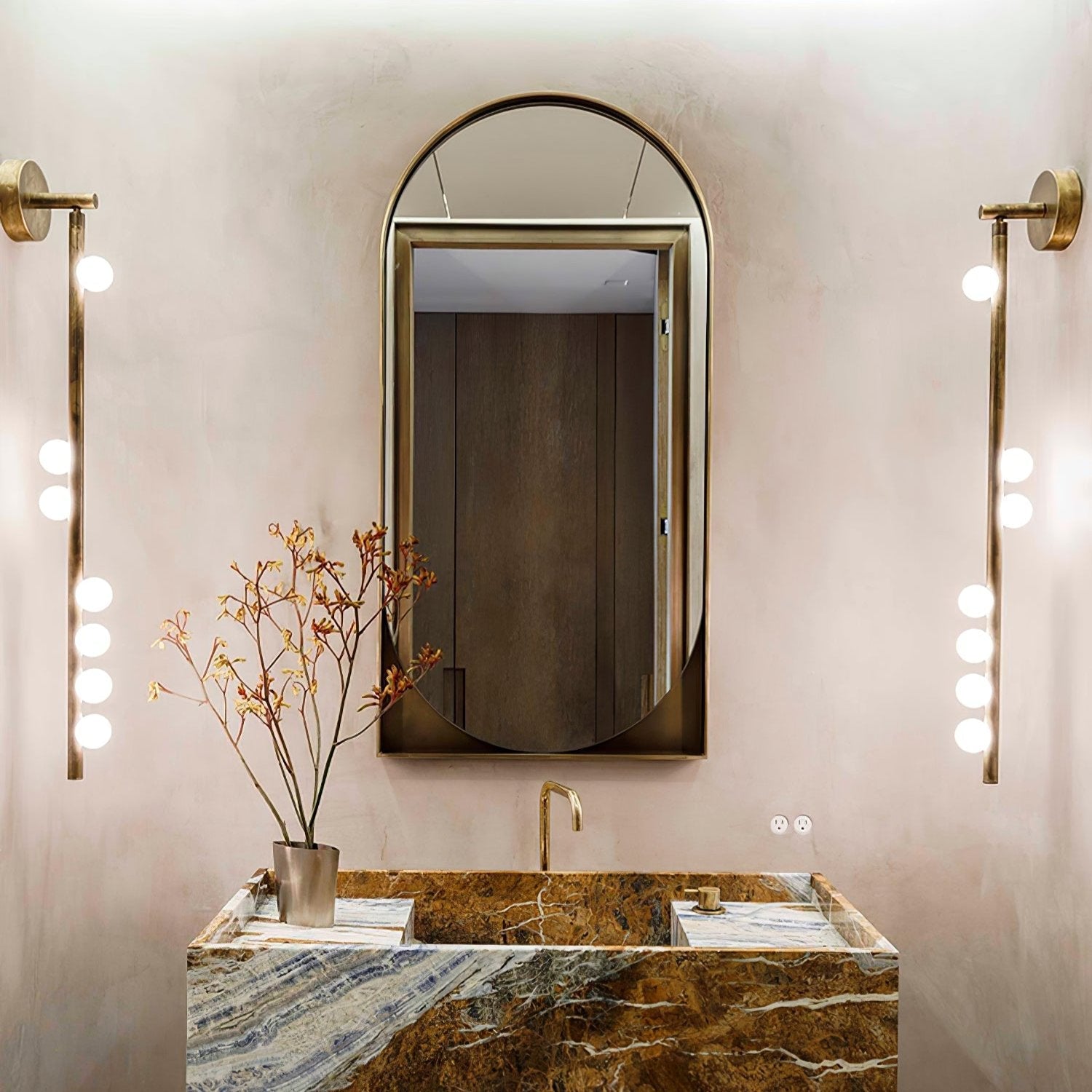 Brass glass tube wall lamp with multiple glowing globe shades