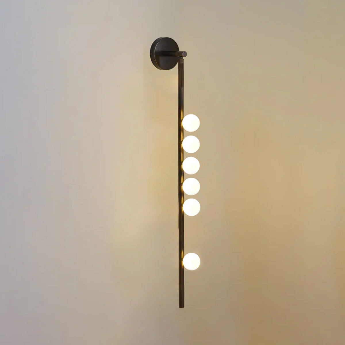 Brass glass tube wall lamp with white blown glass globe shades