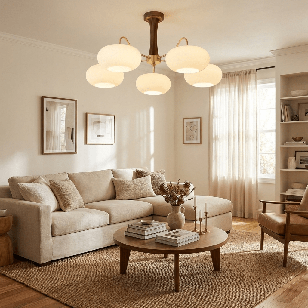 Brass and wood chandelier glowing above a living space