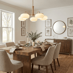 Brass chandelier with persimmon shades in a warm interior