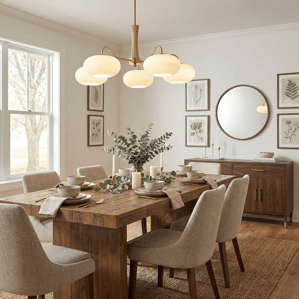 Brass chandelier with persimmon shades in a warm interior