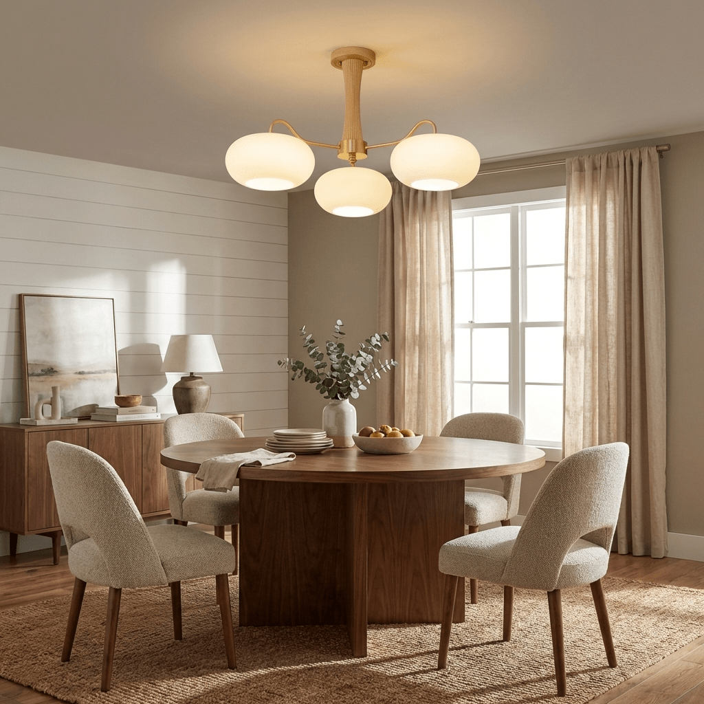 Persimmon chandelier detail of brass arms and glass globes