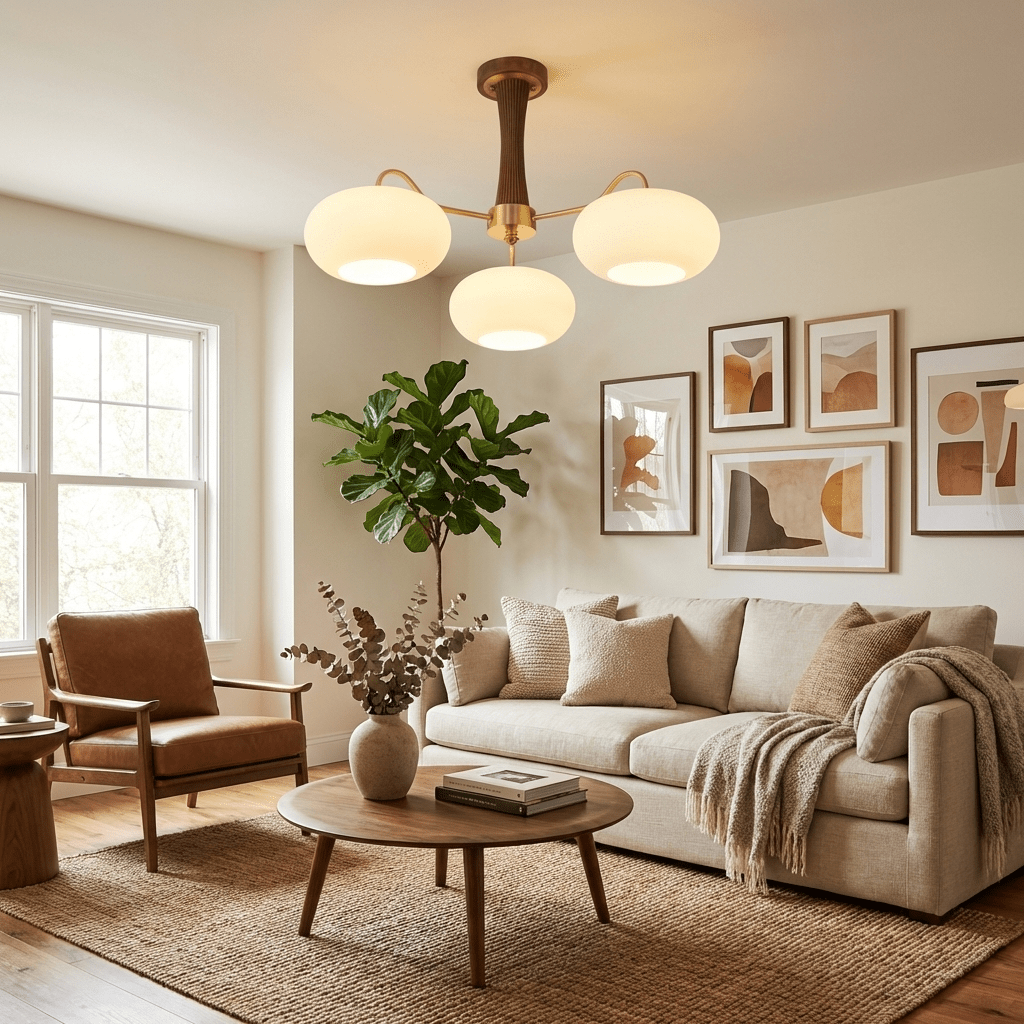 Brass chandelier shade detail with warm Edison-style glow