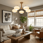 White glass persimmon shade close-up on a brass chandelier