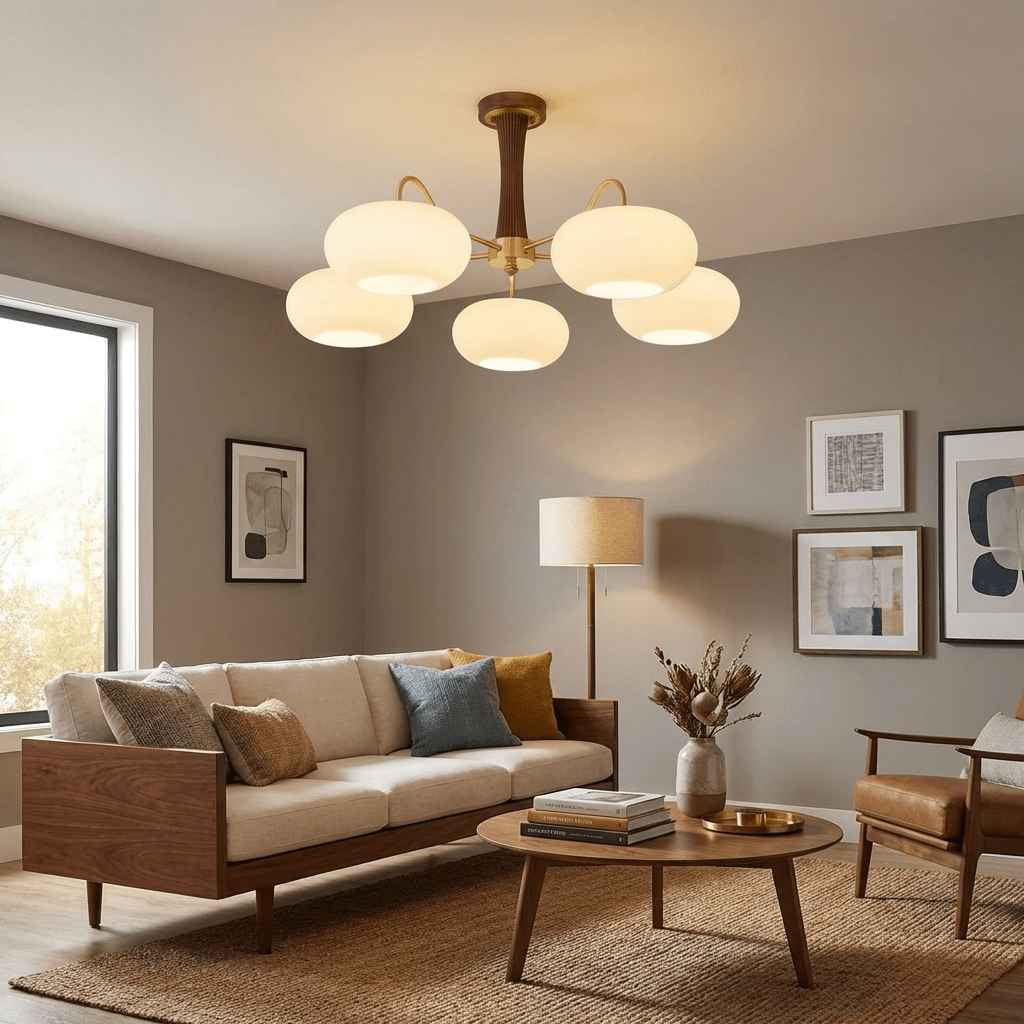Persimmon chandelier with brass frame and wood detailing