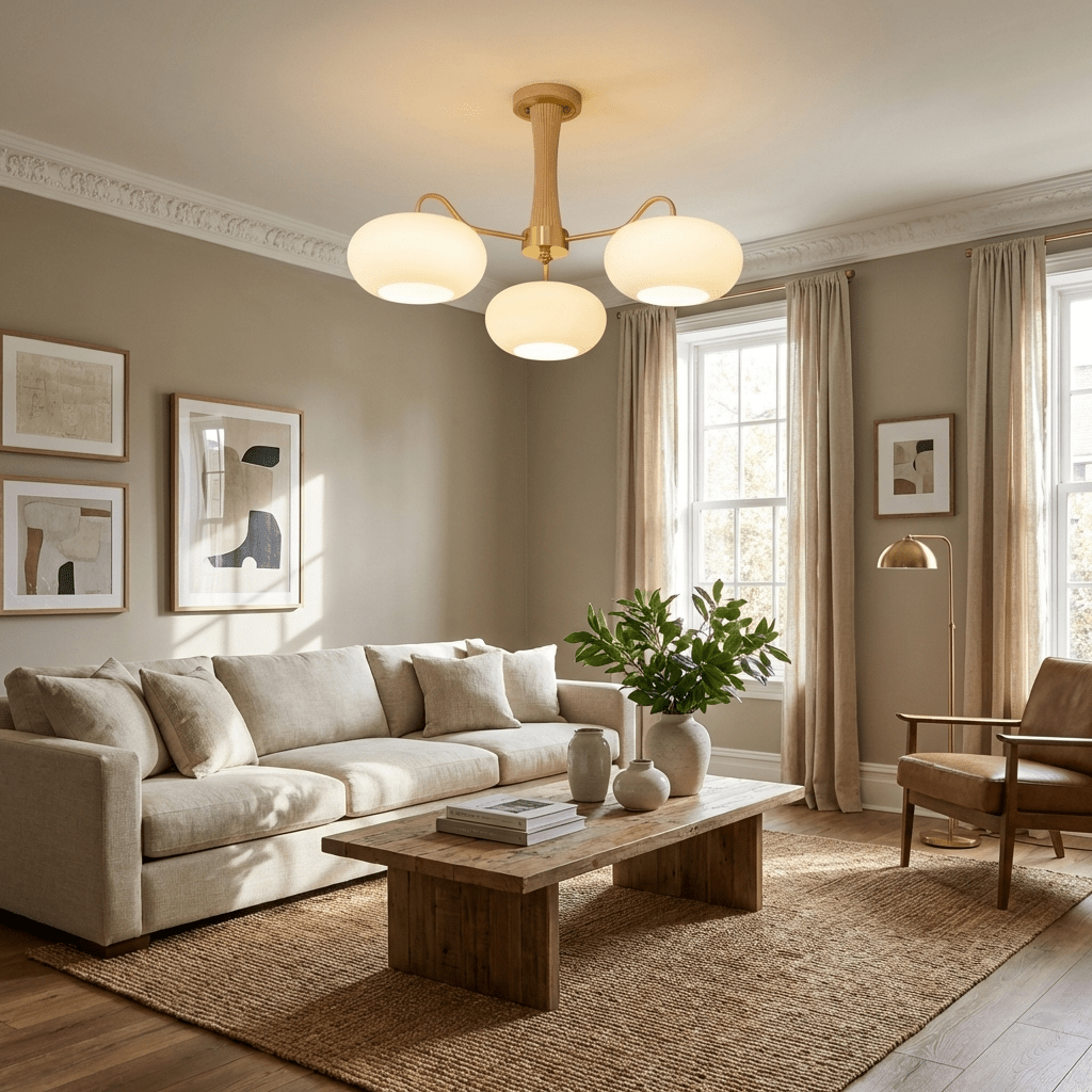 Persimmon chandelier with multiple white glass shades lit