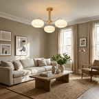 Persimmon chandelier with multiple white glass shades lit