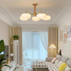 Chandelier, Persimmon Brass & Wood, White Glass Shades, E26/E27