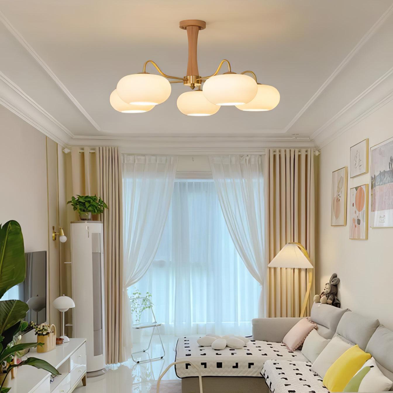 Chandelier, Persimmon Brass & Wood, White Glass Shades, E26/E27