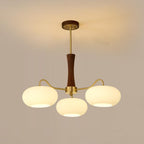 Persimmon chandelier detail showing brass arm and glass shade