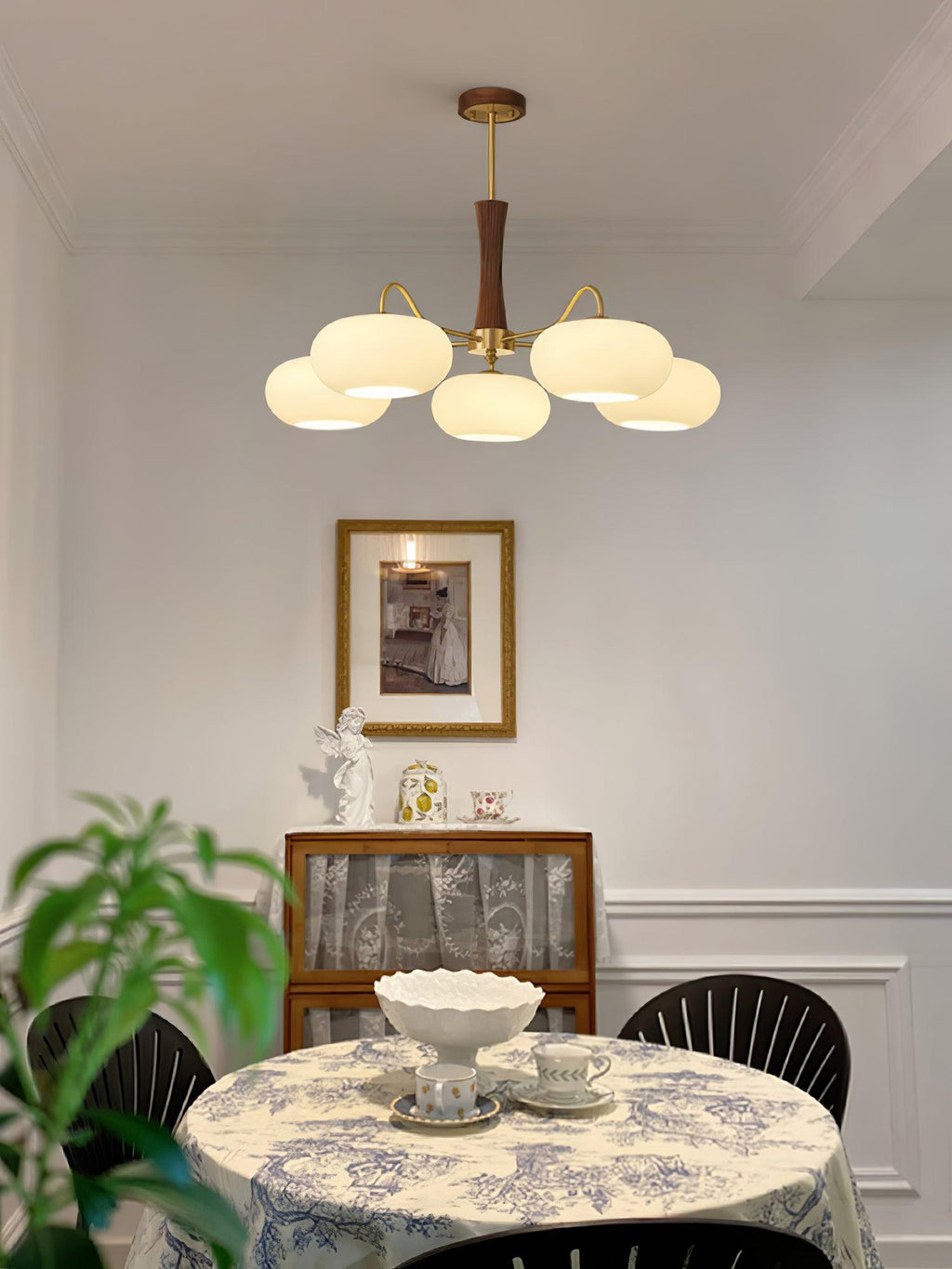 Chandelier, Persimmon Brass & Wood, White Glass Shades, E26/E27