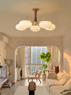 Chandelier, Persimmon Brass & Wood, White Glass Shades, E26/E27