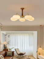 Chandelier, Persimmon Brass & Wood, White Glass Shades, E26/E27
