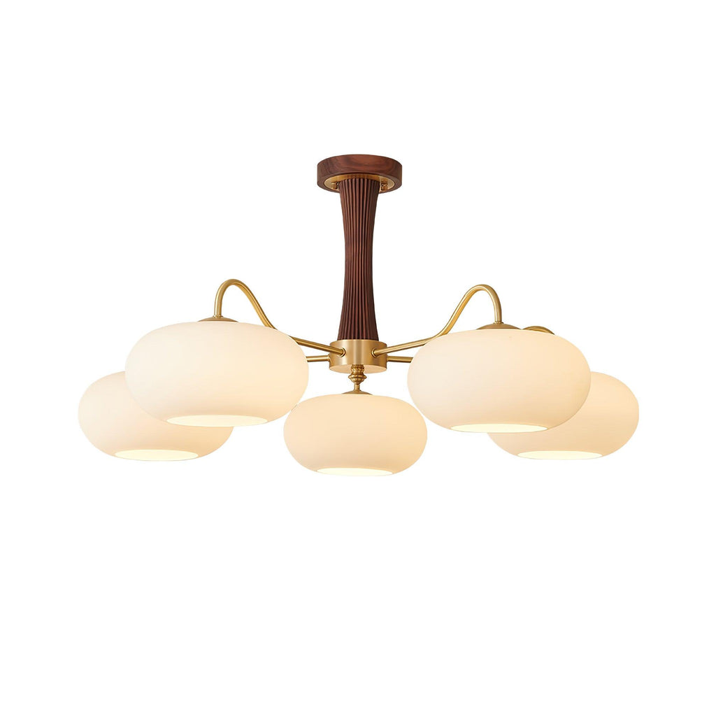 Chandelier, Persimmon Brass & Wood, White Glass Shades, E26/E27
