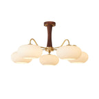Chandelier, Persimmon Brass & Wood, White Glass Shades, E26/E27