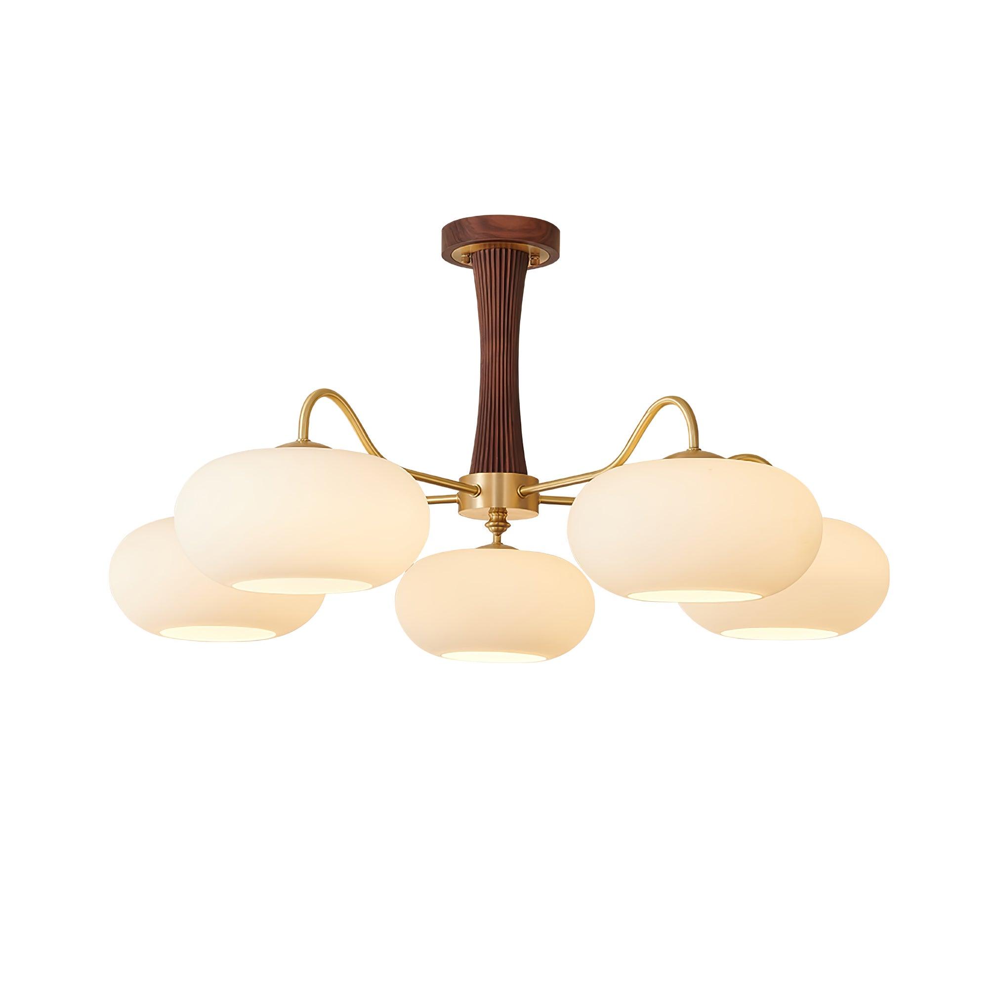 Chandelier, Persimmon Brass & Wood, White Glass Shades, E26/E27