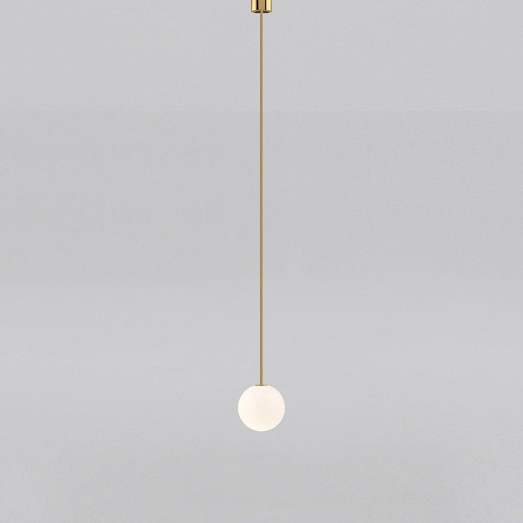 Brass rod globe pendant with soft opal glass diffusion