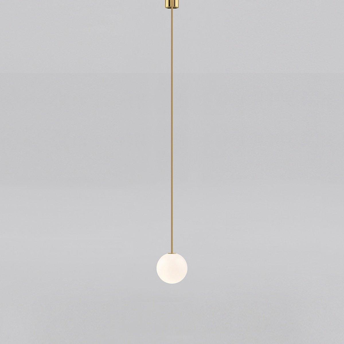 Brass rod globe pendant with soft opal glass diffusion
