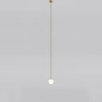 Opal glass globe pendant light shown from below on brass rod