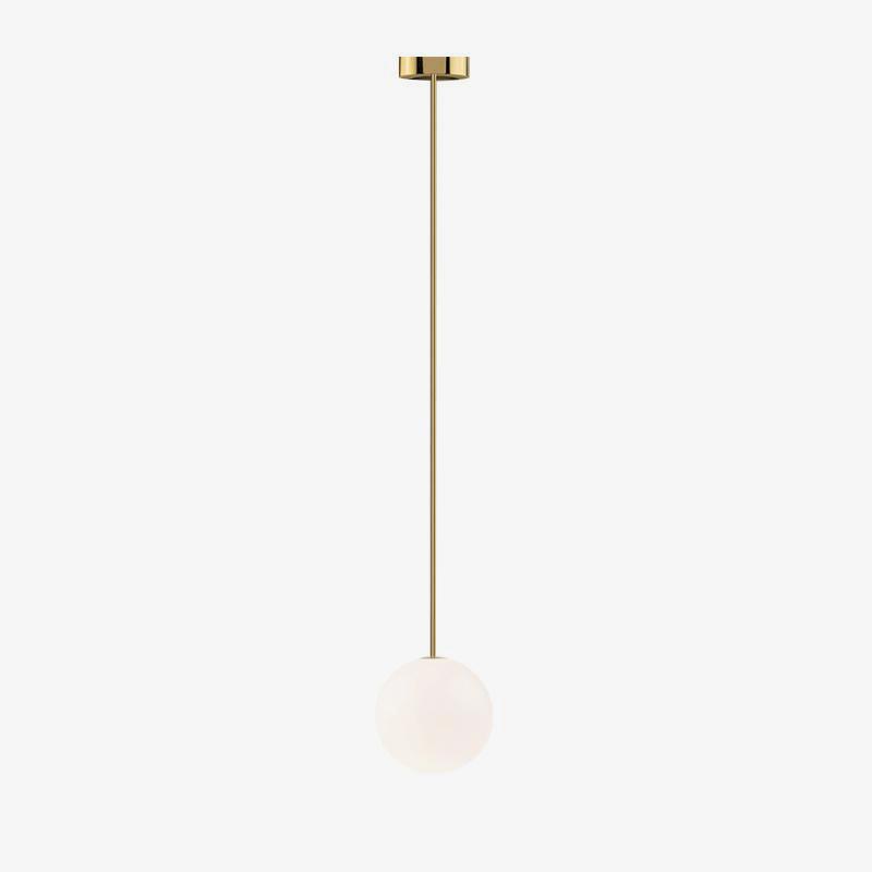 White opal glass globe pendant glowing against a neutral wall