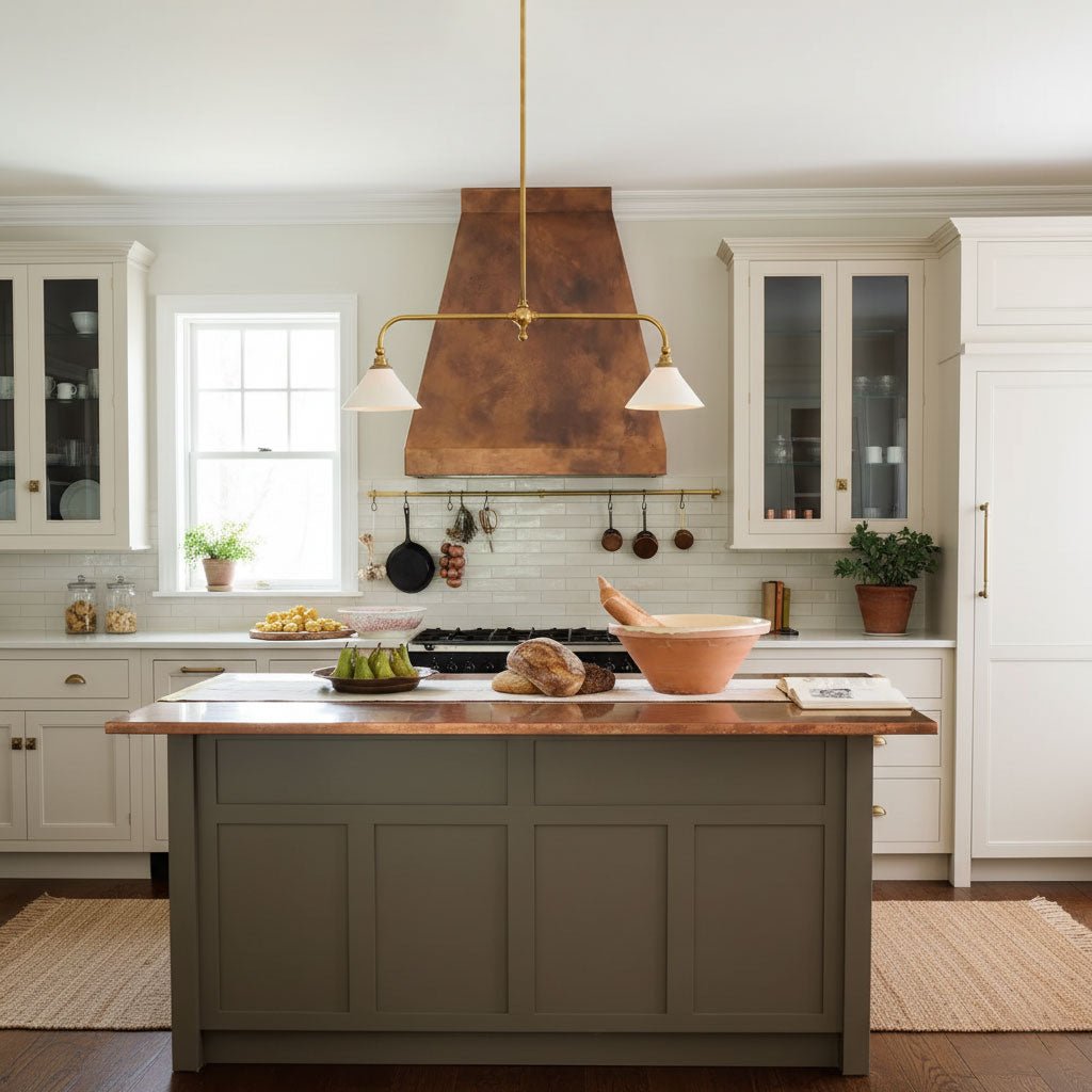 This Clérachic pendant glows warm above a sage-green kitchen island set with bowls of fruit and bread.