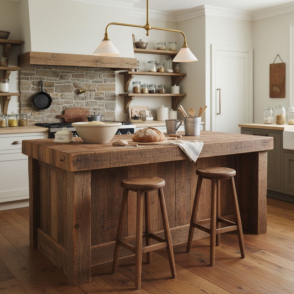 A reclaimed-wood island and stone backsplash sit beneath this Clérachic pendant, glowing warm in a farmhouse-style kitchen.