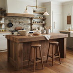 A reclaimed-wood island and stone backsplash sit beneath this Clérachic pendant, glowing warm in a farmhouse-style kitchen.