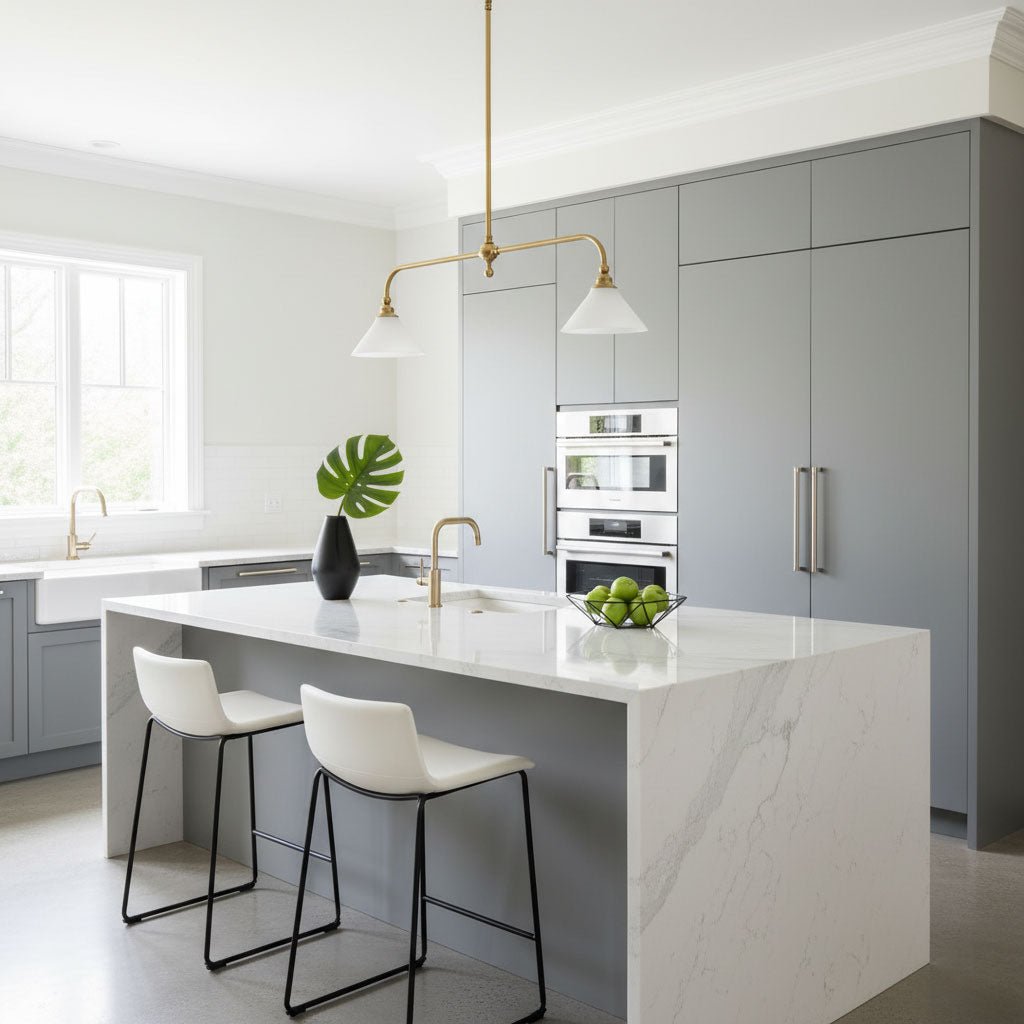 A monstera plant and marble waterfall island sit beneath this Clérachic pendant, glowing warm in a grey kitchen.