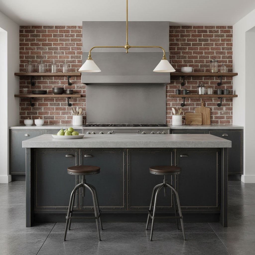 Exposed brick and open shelving frame this Clérachic pendant, glowing warm above a dark island with bar stools.