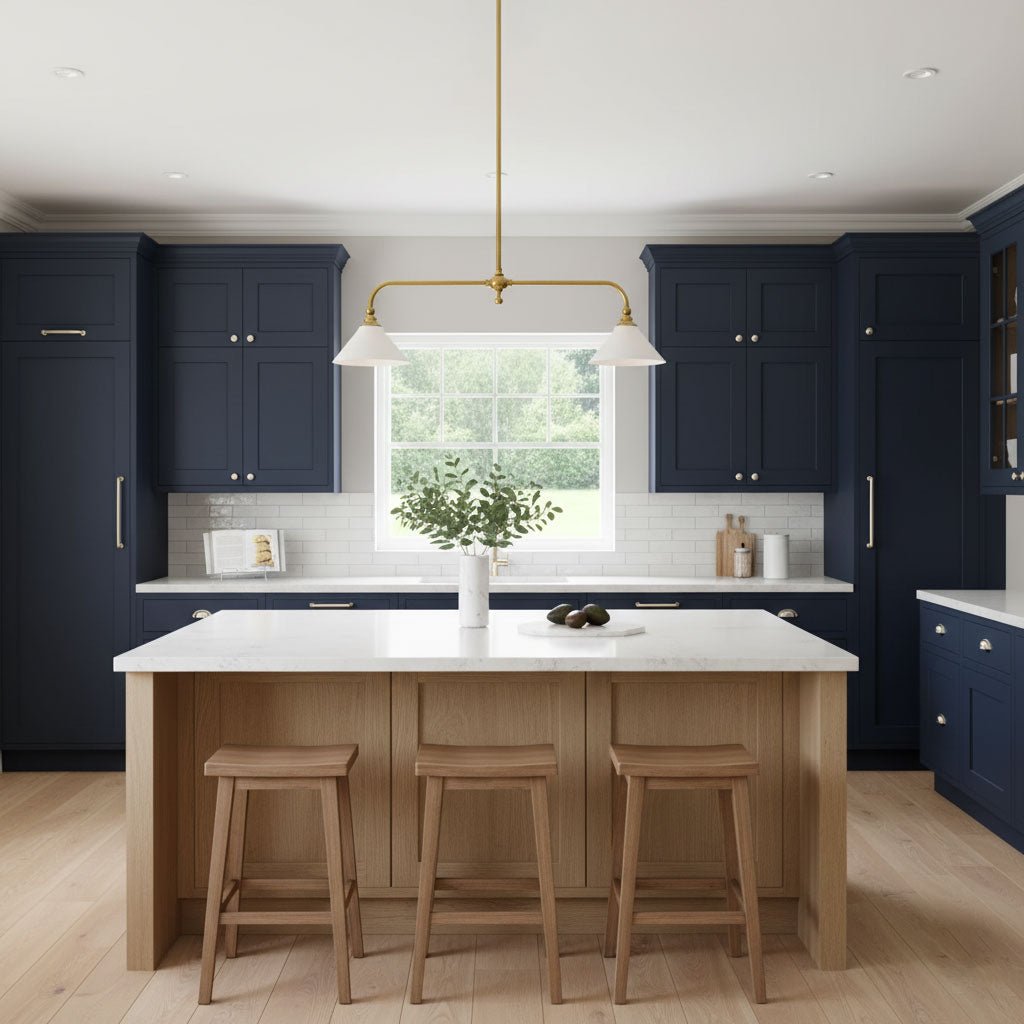Centred above a white island with wood stools, this Clérachic pendant glows warm in a kitchen with navy cabinetry.