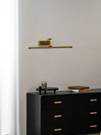 Gold LED picture light highlighting a framed photograph on the wall