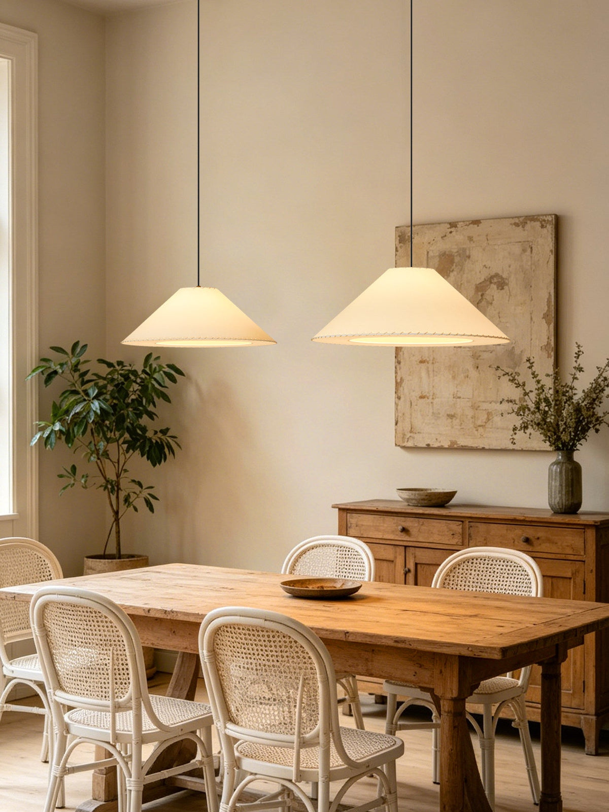 Two beige Clérachic cone pendants hang above a reclaimed-wood table flanked by woven rattan chairs.