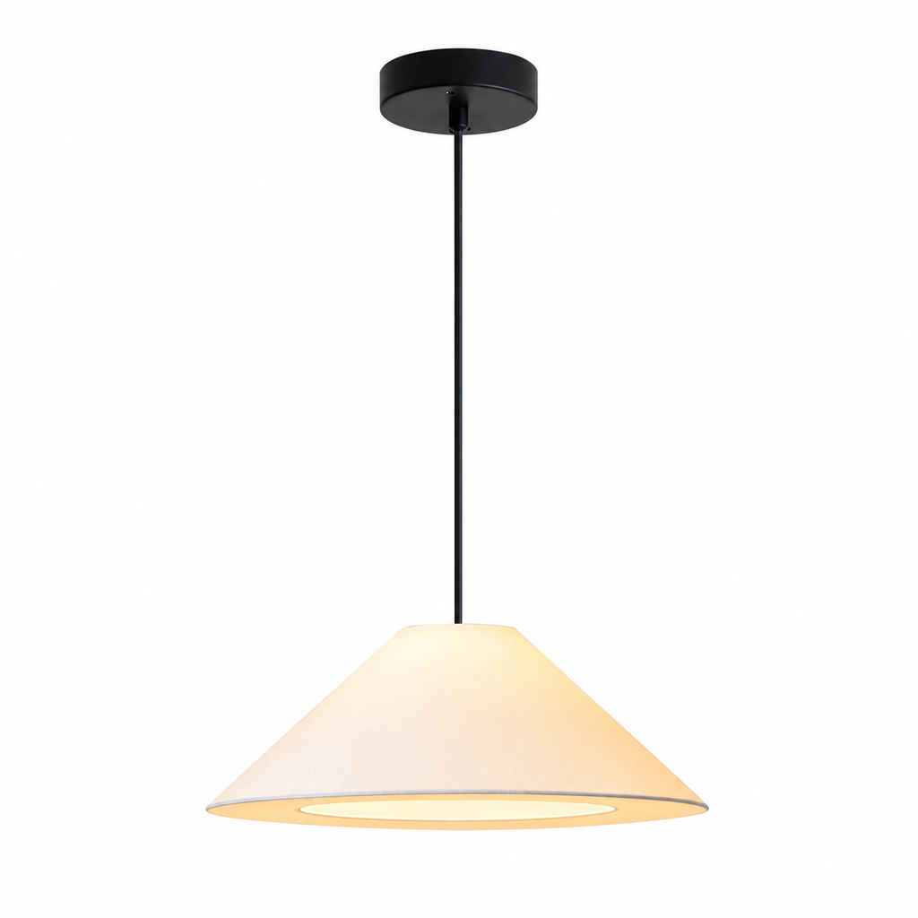 A black canopy and cord suspend this white Clérachic cone pendant against a plain white backdrop.