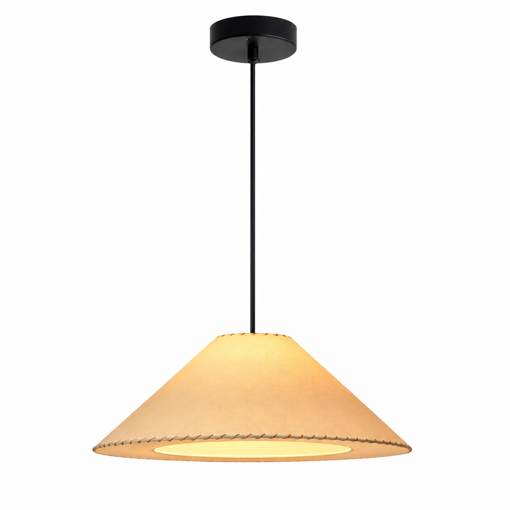Close view of the hand-stitched trim along the rim of this beige Clérachic cone shade, glowing warmly.