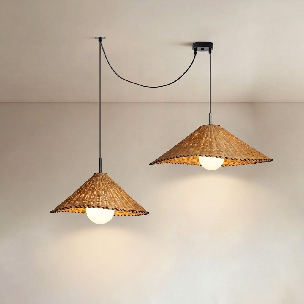 From curved arms on a shared ceiling plate, two sizes of this Clérachic pendant hang lit.