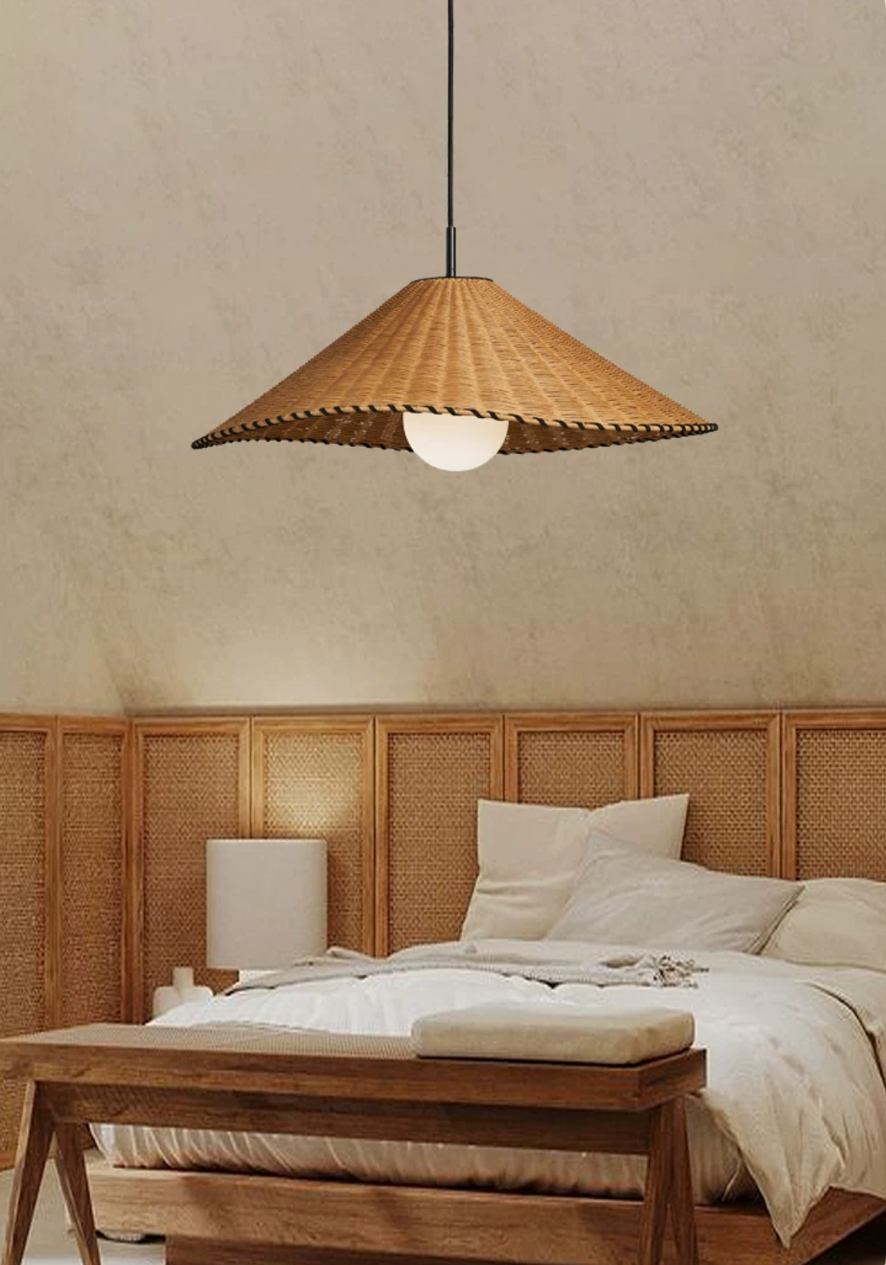 Beside a wood bench and cane headboard, this lit Clérachic pendant hangs in a bright bedroom.