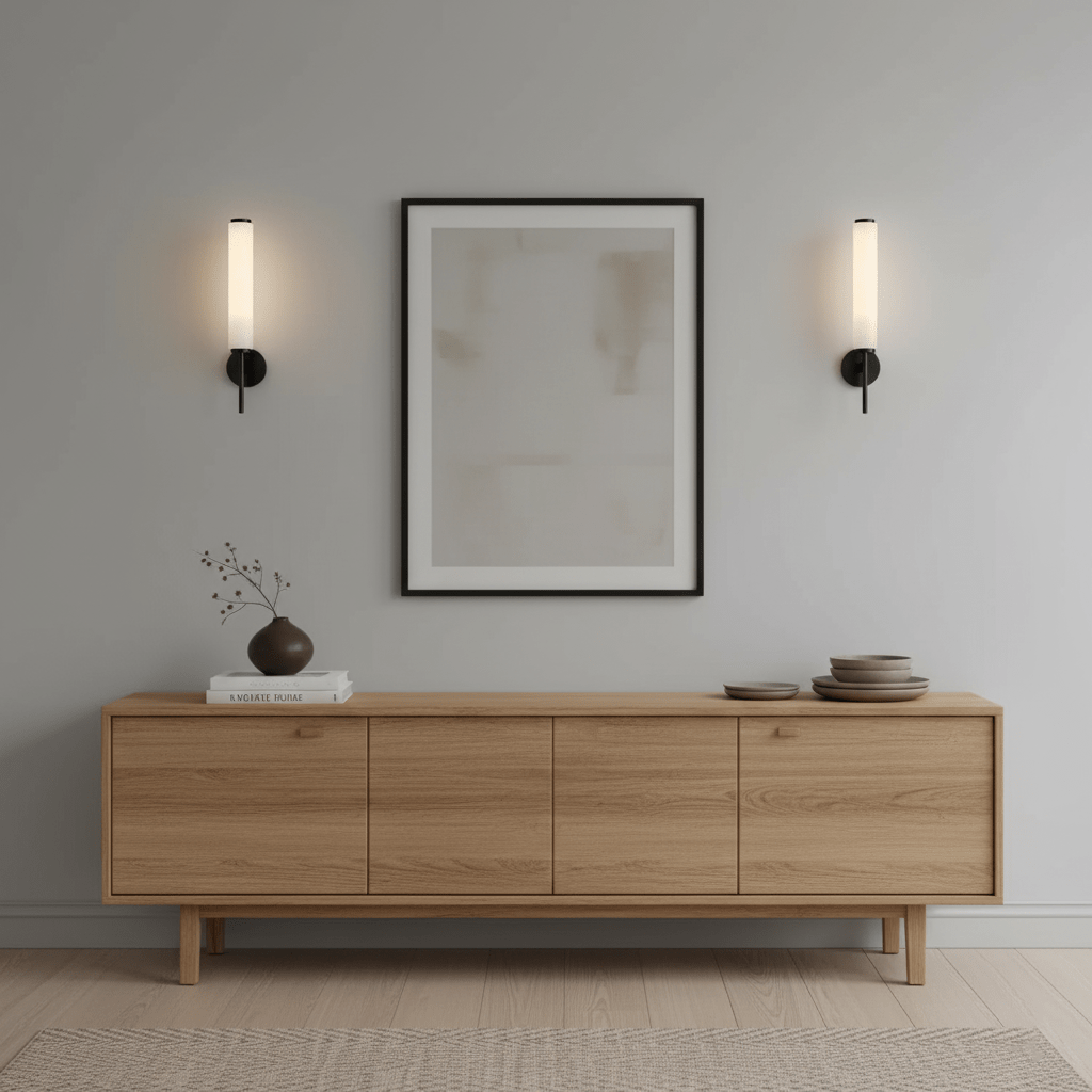 Wall sconce profile with tubular alabaster shade and brass support