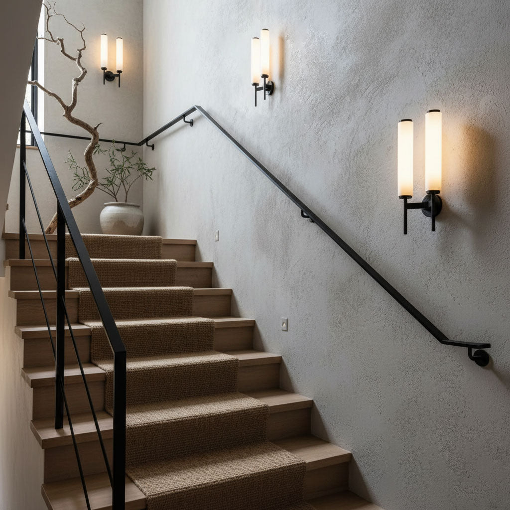 Single arm wall sconce in brass with tall white alabaster canister
