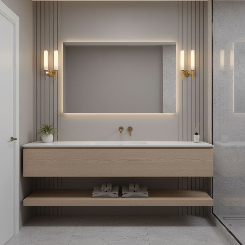 Double arm wall sconce in brass with two alabaster canister shades