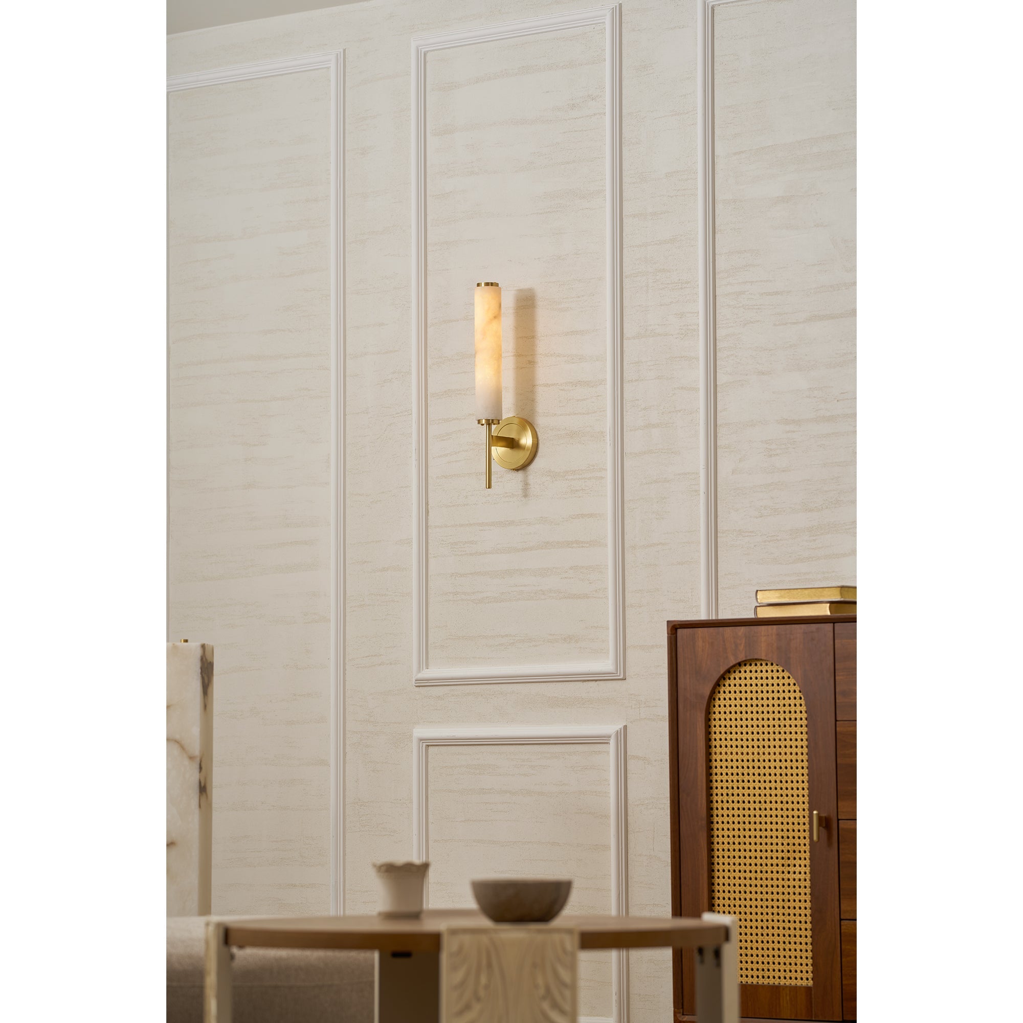 Brindisi Wall Sconce, White Alabaster Shade, Brass or Black, E14