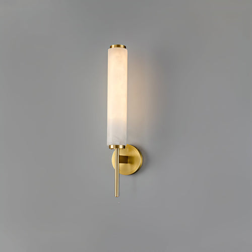 Wall sconce with tall white alabaster canister shade on a disc-topped arm