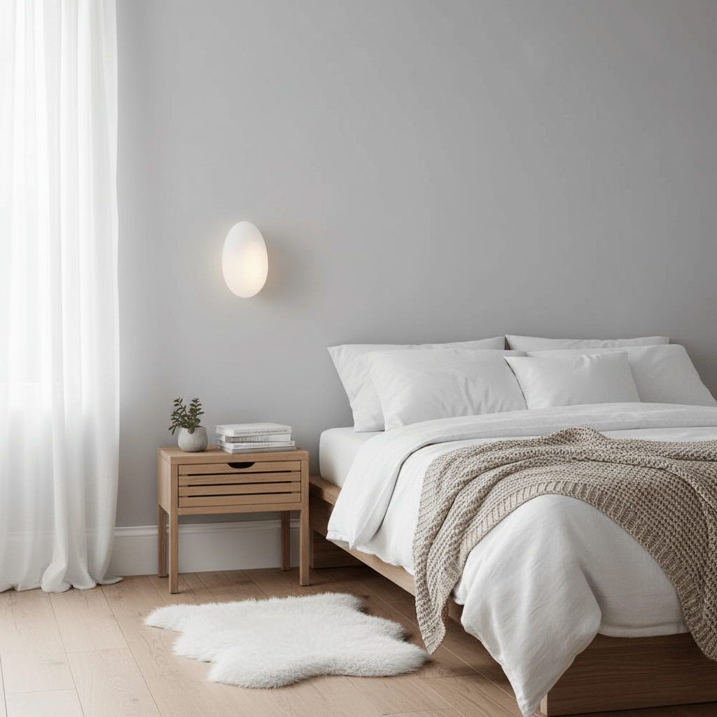 Pebble glass wall lamp glowing softly in a styled room