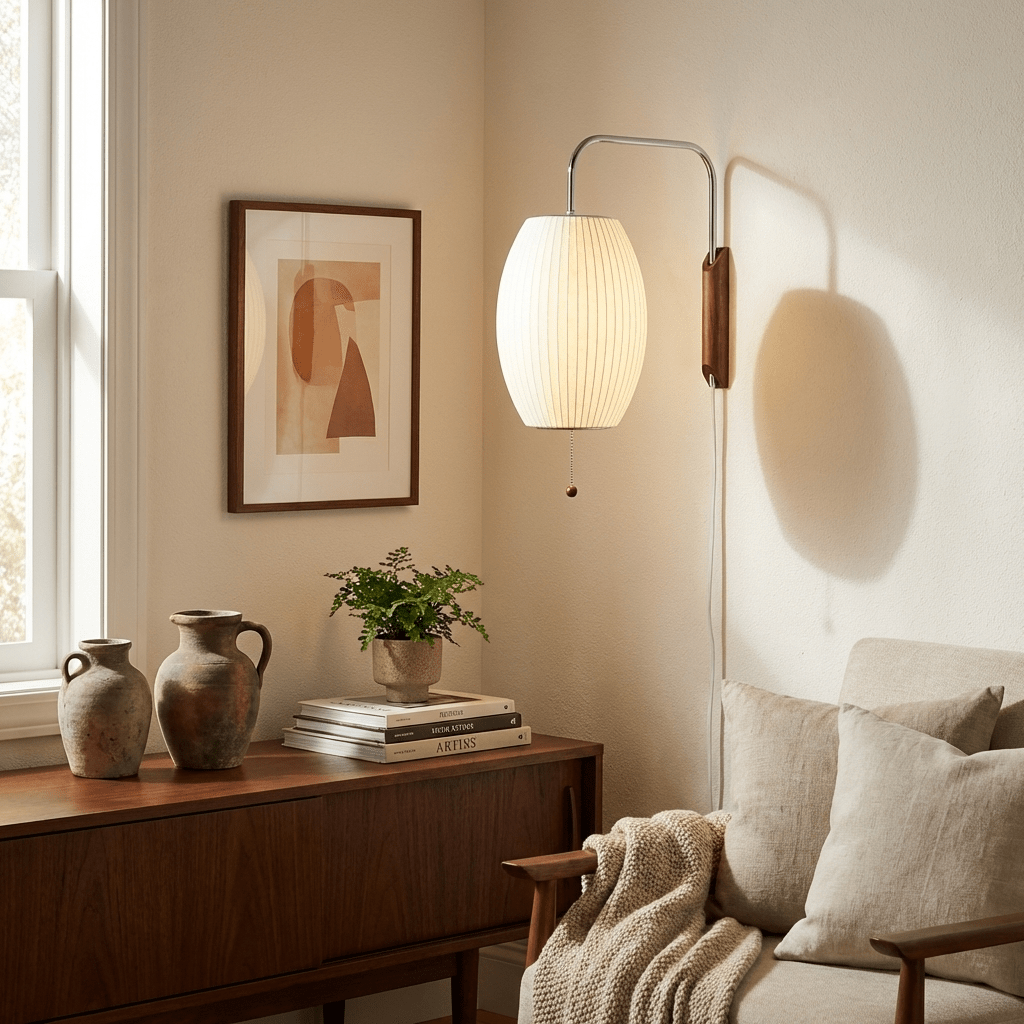 Spherical wall sconce showing chrome bracket and plug-in cord